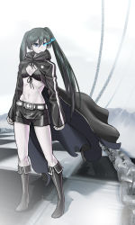 Rule 34 | 10s, 1girl, belt, bikini, bikini top only, black hair, black rock shooter, black rock shooter (character), blue eyes, boots, chain, checkered floor, female focus, g-tetsu, highres, long hair, navel, scar, shorts, solo, stitches, swimsuit, twintails, vocaloid