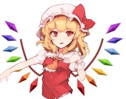 Rule 34 | 1girl, :d, ascot, blonde hair, bow, fang, flandre scarlet, hand up, hat, hat bow, hona (pixiv7939518), looking at viewer, open mouth, orange ascot, mob cap, puffy short sleeves, puffy sleeves, rainbow order, red bow, red eyes, red vest, short sleeves, simple background, smile, solo, touhou, upper body, vest, white background, wings
