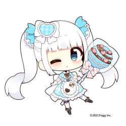 Rule 34 | 1girl, ;o, apron, black bow, black footwear, blue dress, blue eyes, blunt bangs, blush, boots, bow, candy, chibi, collared dress, copyright notice, dress, food, frilled apron, frills, full body, gloves, hair ornament, heart, heart hair ornament, holding, holding candy, holding food, holding lollipop, kagura gumi, kagura mea, lollipop, looking at viewer, muuran, official art, one eye closed, pantyhose, parted lips, plaid, puffy short sleeves, puffy sleeves, short sleeves, simple background, solo, twintails, virtual youtuber, waist apron, white apron, white background, white gloves, white hair, white pantyhose