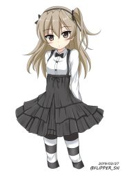 Rule 34 | 1girl, arms behind back, black bow, black bowtie, black ribbon, black skirt, blush, bow, bowtie, brown eyes, casual, closed mouth, collared shirt, commentary, cropped legs, dated, flipper, girls und panzer, hair ribbon, high-waist skirt, layered skirt, light blush, light brown hair, light frown, long hair, long sleeves, looking at viewer, medium skirt, one-hour drawing challenge, one side up, pantyhose, ribbon, shimada arisu, shirt, simple background, skirt, solo, standing, striped clothes, striped pantyhose, suspender skirt, suspenders, twitter username, white background, white shirt