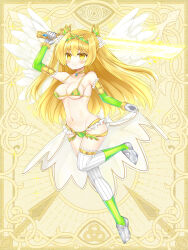 Rule 34 | 1girl, arm up, armored boots, bikini, blonde hair, blush, boots, breasts, cleavage, closed mouth, copyright request, detached sleeves, feathered wings, full body, gloves, glowing, glowing sword, glowing weapon, green bikini, green footwear, green sleeves, groin, hair between eyes, headpiece, highres, holding, holding sword, holding weapon, long hair, long sleeves, looking at viewer, medium breasts, micro bikini, navel, shikito (yawa0w0), smile, solo, striped clothes, striped thighhighs, swimsuit, sword, thighhighs, thighhighs under boots, two side up, vertical-striped clothes, vertical-striped thighhighs, very long hair, weapon, white gloves, white thighhighs, white wings, wings, yellow eyes