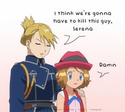 Rule 34 | 2girls, aqua eyes, artist name, blonde hair, blue jacket, blue ribbon, buttons, closed eyes, commentary, creatures (company), crossover, earrings, english text, eyelashes, fullmetal alchemist, game freak, gradient background, hand on another&#039;s shoulder, hat, i think we&#039;re gonna have to kill this guy steven (meme), jacket, jewelry, looking down, meme, multiple girls, neck ribbon, nintendo, noelia ponce, pokemon, pokemon (anime), pokemon xy (anime), ribbon, riza hawkeye, serena (pokemon), short hair, sleeveless, speech bubble, upper body, watermark