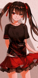 Rule 34 | 1girl, alternate costume, arm behind back, bare legs, black shirt, brown hair, brown skirt, character name, clock eyes, closed mouth, collarbone, cowboy shot, date a live, female focus, floating hair, hair ribbon, hellsnake98, heterochromia, highres, layered skirt, long hair, looking at viewer, miniskirt, pleated skirt, print shirt, red eyes, red ribbon, red skirt, ribbon, shirt, short sleeves, skirt, skirt hold, smile, solo, standing, symbol-shaped pupils, tokisaki kurumi, twintails, two-tone skirt, yellow eyes