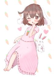 Rule 34 | 1girl, ;o, animal ears, barefoot, blush, brown hair, carrot background, dress, flat chest, floppy ears, full body, hand up, heart, highres, inaba tewi, one eye closed, open mouth, petite, pink dress, puffy short sleeves, puffy sleeves, rabbit ears, rabbit tail, short hair, short sleeves, solo, tail, tewiyu, touhou