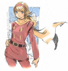 Rule 34 | 1girl, bad id, bad pixiv id, belt, blonde hair, blue eyes, blush, buttons, character name, cyborg 009, female focus, francoise arnoul, hairband, looking at viewer, red shirt, scarf, shirt, solo, wind, yasuda akira