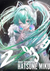 Rule 34 | 1girl, 39, ;), aqua hair, aqua nails, character name, closed mouth, commentary, dress, english commentary, floating hair, green eyes, hair between eyes, hatsune miku, highres, hirose (10011), long hair, long sleeves, looking at viewer, mixed-language commentary, nail polish, one eye closed, smile, solo, very long hair, vocaloid, white dress