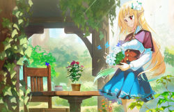 Rule 34 | 1girl, bad id, bad pixiv id, blue skirt, blurry, blurry background, blurry foreground, bug, butterfly, capelet, chair, cowboy shot, cup, day, fantasy, flower, frilled skirt, frills, from side, hair blowing, hair flower, hair ornament, holding, holding plant, insect, ivy, light rays, long sleeves, looking down, original, outdoors, plant, pointy ears, potted plant, purple capelet, red eyes, saucer, shirt, skirt, smile, solo, standing, sunbeam, sunlight, table, teacup, trellis, underbust, white shirt, wind, yoshitake