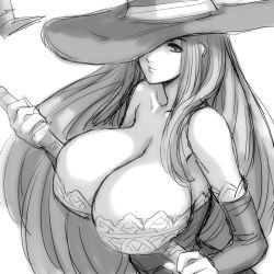 Rule 34 | 1girl, bare shoulders, breasts, cleavage, detached sleeves, dragon&#039;s crown, dress, greyscale, hat, hat over one eye, huge breasts, magaki ryouta, monochrome, one eye covered, sketch, solo, sorceress (dragon&#039;s crown), staff, strapless, strapless dress, vanillaware, witch, witch hat