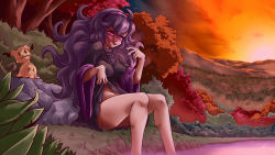 Rule 34 | 1girl, @ @, blush, bottomless, clothes lift, covered erect nipples, creatures (company), dress, dress lift, game freak, gen 7 pokemon, hairband, hex maniac (pokemon), highres, lake, long hair, looking at viewer, messy hair, mimikyu, naughty face, navel, nintendo, no panties, npc trainer, open mouth, plague of gripes, pokemon, pokemon (creature), pokemon xy, purple eyes, purple hair, sexually suggestive, smile, stomach, sunset, sweat, tree, very long hair, water, wavy mouth