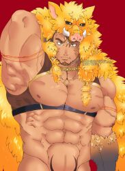 Rule 34 | 1boy, abs, absurdres, animal hood, artist request, bara, bare pectorals, boar boy, boar hood, body fur, brown hair, chest harness, facial hair, fang, forked eyebrows, fur (clothing), goatee, groin, gullinbursti (housamo), harness, highres, hood, large pectorals, looking at viewer, male focus, muscular, muscular male, navel, nipples, pectorals, solo, stomach, thick eyebrows, tokyo houkago summoners, upper body, veins, veiny arms