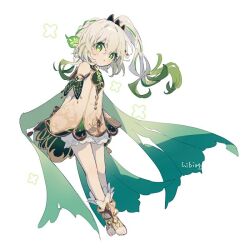 Rule 34 | 1girl, anklet, blush, bracelet, braid, cape, child, cross-shaped pupils, detached sleeves, dress, genshin impact, gold trim, gradient hair, green cape, green eyes, green hair, green sleeves, hair ornament, hibi89, jewelry, leaf hair ornament, long hair, looking at viewer, multicolored hair, nahida (genshin impact), parted lips, pointy ears, shorts, side braid, side ponytail, sleeveless, sleeveless dress, solo, stirrup footwear, symbol-shaped pupils, toeless footwear, white dress, white footwear, white hair, white shorts