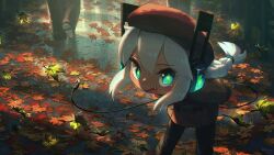 Rule 34 | 1girl, :d, absurdres, aqua eyes, artist name, autumn, autumn leaves, beret, braid, brown coat, cable, coat, commentary, dated, digitan (porforever), electric plug, english commentary, fang, hair between eyes, hat, headphones, highres, leaning forward, light blush, lightning bolt symbol, long hair, looking at viewer, open mouth, original, outdoors, porforever, single braid, smile, solo focus, star-shaped pupils, star (symbol), symbol-shaped pupils, tail, white hair