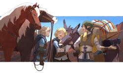 Rule 34 | 1girl, 2boys, animal, ascot, backpack, bag, beckoning, belt, belt pouch, black gloves, black hair, black pants, blonde hair, blue cape, blue eyes, blue jacket, blue sky, blue tunic, bob cut, braid, bridle, brown gloves, cape, cargo, champion&#039;s tunic (zelda), character request, cliff, commentary, cropped jacket, crown braid, donkey, earrings, english commentary, fingerless gloves, frown, gloves, green hat, grey cape, grey hair, hair ornament, hairclip, half updo, hand on own hip, hands up, hat, highres, hood, hood down, hooded cape, horse, jacket, jewelry, juliet sleeves, layered sleeves, letterboxed, link, long sleeves, looking at another, multiple belts, multiple boys, nature, nintendo, nuzzle, one eye closed, outdoors, outside border, outstretched hand, pants, parted bangs, pointy ears, ponytail, pouch, princess zelda, print cape, profile, puffy sleeves, reins, shirt, short hair, sidelocks, sky, the legend of zelda, the legend of zelda: breath of the wild, white shirt, yangyaozigo, yellow ascot