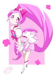 Rule 34 | 1girl, :o, back cutout, blush, boots, border, bow, bowtie, brooch, choker, clothing cutout, clover, clover earrings, clover hair ornament, collarbone, cure blossom, dress, earrings, flower, foreshortening, four-leaf clover, full body, hair bow, hair ornament, hanasaki tsubomi, heart, heart brooch, heartcatch precure!, high heel boots, high heels, highres, jewelry, leaning forward, long hair, looking at viewer, magical girl, matatabi (karukan222), open mouth, outside border, perspective, pink bow, pink choker, pink dress, pink eyes, pink hair, ponytail, precure, signature, solo, two-tone dress, very long hair, white border, white dress, wrist cuffs