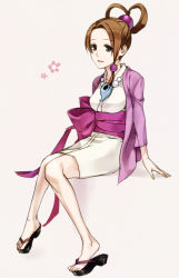 Rule 34 | 1girl, ace attorney, breasts, brown eyes, brown hair, feet, hair ornament, hair rings, japanese clothes, jewelry, kenao, magatama, necklace, open mouth, pearl fey, phoenix wright: ace attorney - dual destinies, sandals, short hair, simple background, skirt, solo