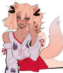 Rule 34 | 1girl, absurdres, animal ears, aqua eyes, black bow, blonde hair, bow, breasts, claw pose, cleavage, dark skin, detached sleeves, facial mark, fangs, hair between eyes, hair bow, highres, japanese clothes, multiple tails, nail polish, original, porqueloin, smile, solo, tail, twintails, white background