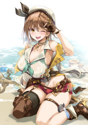 Rule 34 | 1girl, absurdres, atelier (series), atelier ryza, atelier ryza 2, bare shoulders, belt, beret, black ribbon, blush, boots, braid, breasts, brown eyes, brown footwear, brown gloves, brown hair, cleavage, collarbone, collared shirt, detached sleeves, earrings, gloves, hair ornament, hat, highres, jewelry, key, key necklace, large breasts, looking at viewer, necklace, nylon (nylon 100%), one eye closed, open clothes, open mouth, open vest, partially fingerless gloves, red shorts, reisalin stout, ribbon, shirt, shore, short hair, short shorts, shorts, side braid, single sleeve, single thighhigh, sitting, sleeveless, smile, solo, star (symbol), star earrings, thigh strap, thighhighs, thighs, vest, wariza, wet, white hat, white shirt, yellow vest