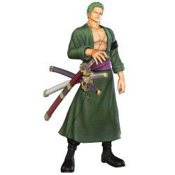 Rule 34 | 1boy, 3d, absurdres, boots, full body, green hair, haramaki, highres, male focus, multiple swords, official art, one-eyed, one piece, one piece: pirate warriors, open clothes, roronoa zoro, sandai kitetsu, scar, sheath, sheathed, shusui, simple background, solo, sword, swordsman (fgo516824681), wado ichimonji, weapon, white background