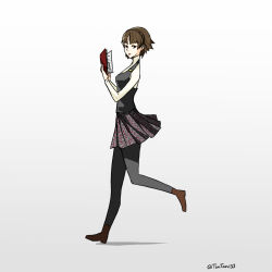 Rule 34 | 1girl, artist name, book, brown footwear, brown hair, commentary, english commentary, from side, grey vest, holding, holding book, looking at viewer, niijima makoto, pantyhose, parted lips, persona, persona 5, plaid, plaid skirt, red eyes, running, shadow, shirt, short hair, simple background, skirt, solo, timtam, turtleneck, vest, white background, white shirt