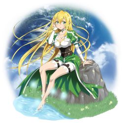 Rule 34 | 1girl, arm support, barefoot, blonde hair, bracelet, breasts, choker, cleavage, collarbone, detached sleeves, faux figurine, feet, floating hair, full body, grass, green eyes, green skirt, hair between eyes, hand in own hair, highres, jewelry, large breasts, leafa, long hair, long sleeves, looking at viewer, official art, open mouth, pointy ears, shiny skin, short shorts, shorts, shorts under skirt, sitting, skirt, soaking feet, solo, sword art online, transparent background, very long hair, water, white shorts, white sleeves