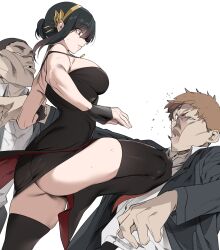 1girl 2boys ass attack bare_shoulders black_dress black_hair black_jacket boots breasts brown_hair collared_shirt dress dress_shirt gold_hairband hair_bun hairband high_heel_boots high_heels highres jacket knee_to_face kneeing large_breasts martial_arts multiple_boys necktie open_clothes open_jacket pectorals red_necktie shirt sideboob sidelocks spy_x_family thick_thighs thigh_boots thighs tooth_gap two-sided_dress two-sided_fabric urec white_background white_shirt yor_briar