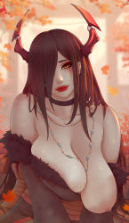 Rule 34 | 1girl, azur lane, bare shoulders, black hair, blurry, blurry background, breasts, brown eyes, choker, commentary, ear piercing, english commentary, friedrich der grosse (azur lane), hair over one eye, horns, japanese clothes, jewelry, kimono, large breasts, lips, long hair, looking at viewer, necklace, nipples, off shoulder, piercing, sagging breasts, solo, soranamae
