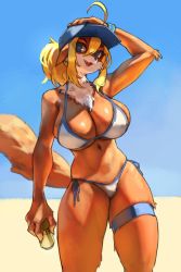 Rule 34 | 1girl, ahoge, animal ears, arm up, artoria pendragon (fate), bare shoulders, baseball cap, beach, beer can, bikini, blonde hair, blue eyes, blue hat, breasts, bright pupils, can, cleavage, commentary, cosplay, cowboy shot, day, drink can, english commentary, eu03, fang, fate (series), fox tail, furry, furry female, hair between eyes, hand on headwear, hat, highres, holding, holding can, large breasts, long hair, looking at viewer, mysterious heroine x (fate), mysterious heroine x (fate) (cosplay), mysterious heroine xx (fate), navel, open mouth, original, outdoors, ponytail, side-tie bikini bottom, sidelocks, simple background, smile, snout, solo, standing, swimsuit, tail, thigh strap, underboob, white bikini, white pupils, wristband