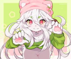 Rule 34 | animal ears, cat, cat ears, cat tail, cattail (plants vs zombies), collar, furry, furry female, green shirt, hat, highres, methynecros, pink hat, plants vs zombies, red pupils, shirt, simple background, tail, white hair