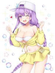 Rule 34 | 1girl, ;d, bare shoulders, baseball cap, bb (fate), bb (fate) (all), bb (swimsuit mooncancer) (fate), bb (swimsuit mooncancer) (first ascension) (fate), bikini, bikini top only, blush, braid, breasts, bubble, character name, cleavage, commentary, fate/grand order, fate (series), hair between eyes, hat, heart, highres, jacket, large breasts, long hair, navel, off shoulder, one eye closed, open mouth, pleated skirt, pong (vndn124), purple eyes, purple hair, round teeth, sideways hat, single braid, skirt, smile, solo, sparkle, spoken heart, star (symbol), swimsuit, teeth, upper teeth only, very long hair, white background, white bikini, white hat, yellow jacket, yellow skirt