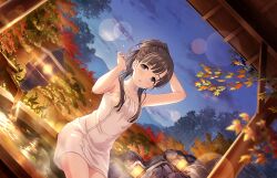 Rule 34 | 1girl, arm up, armpits, autumn leaves, blurry, blurry foreground, breasts, brown eyes, brown hair, cloud, cloudy sky, collarbone, depth of field, dutch angle, feet out of frame, game cg, hair over shoulder, hand up, idolmaster, idolmaster cinderella girls, idolmaster cinderella girls starlight stage, kobayakawa sae, lens flare, looking to the side, naked towel, night, night sky, official art, onsen, sitting, sky, small breasts, soaking feet, solo, sparkle, steam, thighs, towel, water, white towel