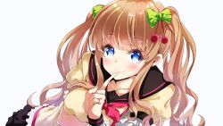 Rule 34 | .live, 1girl, absurdres, beige dress, black sailor collar, blush, bow, breasts, closed mouth, collarbone, darjeeling (reley), dress, finger to mouth, fingernails, green bow, grey background, hair bow, highres, kakyouin chieri, large breasts, light brown hair, long hair, lying, on side, puffy short sleeves, puffy sleeves, sailor collar, sailor dress, short sleeves, sidelocks, simple background, smile, solo, twintails, very long hair, virtual youtuber