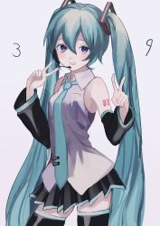 Rule 34 | 1girl, 39, :d, bad id, bad twitter id, black skirt, blue eyes, blue hair, blue necktie, commentary, cowboy shot, detached sleeves, grey background, grey shirt, hair between eyes, hatsune miku, headset, highres, long hair, looking at viewer, necktie, number tattoo, open mouth, p2 (uxjzz), shirt, shoulder tattoo, simple background, skirt, sleeveless, sleeveless shirt, smile, solo, standing, tattoo, thighhighs, thighs, twintails, upper body, v, very long hair, vocaloid