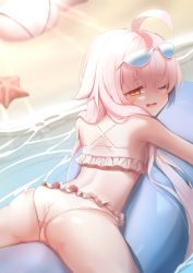 Rule 34 | 1girl, absurdres, ahoge, ass, bare shoulders, beach, bikini, blue archive, blurry, blurry background, blush, breasts, eyewear on head, frilled bikini, frills, from behind, hair between eyes, highres, hoshino (blue archive), hoshino (swimsuit) (blue archive), long hair, looking at viewer, looking back, lying, on stomach, one eye closed, open mouth, outdoors, pink hair, rada (aw waffle), small breasts, smile, solo, sunglasses, swimsuit, very long hair, water, white bikini, white hair, yellow eyes