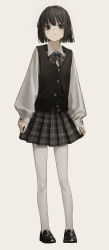 Rule 34 | 1girl, absurdres, arms at sides, black eyes, black footwear, bob cut, bow, bowtie, brown hair, collared shirt, commentary request, frown, full body, highres, loafers, long sleeves, looking at viewer, original, pantyhose, plaid, plaid bow, plaid bowtie, plaid neckwear, plaid skirt, pleated skirt, puffy long sleeves, puffy sleeves, shirt, shoes, short hair, simple background, skirt, solo, standing, vest, white background, white pantyhose, yoon cook