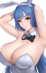 Rule 34 | 1girl, absurdres, armpit crease, armpits, arms behind head, arms up, bare shoulders, black bow, black bowtie, blue hair, bow, bowtie, breasts, cleavage, collarbone, commentary, commission, detached collar, girls&#039; frontline, highres, large breasts, leotard, long hair, looking at viewer, official alternate costume, pixiv commission, playboy bunny, shikube, solo, strapless, strapless leotard, sweat, tar-21 (girls&#039; frontline), tar-21 (night at the bar) (girls&#039; frontline), very long hair, white leotard, yellow eyes
