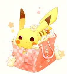 Rule 34 | bag, brown eyes, closed mouth, commentary request, creatures (company), game freak, gen 1 pokemon, in bag, in container, looking at viewer, nintendo, no humans, pikachu, pokemon, pokemon (creature), shopping bag, smile, star (symbol), tail, translation request, ushiina