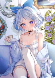 Rule 34 | 1girl, absurdres, alternate costume, black choker, blue flower, blue gemstone, blue hair, blue hairband, blue shorts, blue sweater, bow hairband, breasts, camisole, choker, collarbone, commentary request, couch, cowlick, flower, food, furina (genshin impact), gem, genshin impact, grey hair, haagen-dazs, hair ornament, hairband, hairclip, hand up, highres, holding, holding food, holding spoon, ice cream cup, indoors, ineka ka, knee up, light blue hair, on couch, painting (object), picture frame, plant, potted plant, short hair, shorts, single off shoulder, sitting, small breasts, solo, spoon, sweater, thighhighs, utensil in mouth, white camisole, white thighhighs