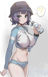 Rule 34 | 1girl, ?, black headwear, blue archive, bottle, bow (bhp), breasts, gradient background, grey background, holding, holding bottle, large breasts, long sleeves, looking at viewer, midriff, navel, official alternate costume, purple hair, saki (blue archive), saki (swimsuit) (blue archive), short hair, spoken question mark