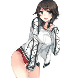 Rule 34 | 10s, 1girl, bent over, breasts, brown hair, buruma, collarbone, cowboy shot, female focus, grey eyes, gym shirt, gym uniform, hayasui (kancolle), jacket, kantai collection, large breasts, long sleeves, open clothes, open jacket, open mouth, rinarisa, shirt, short hair, simple background, smile, solo, track jacket, underwear, white background