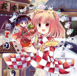 Rule 34 | 2girls, :d, apple, apron, architecture, barefoot, bell, bishamonten&#039;s pagoda, bow, bowl, character name, checkered clothes, checkered kimono, clothes writing, cloud, east asian architecture, food, fruit, hair bell, hair ornament, hat, japanese clothes, kimono, mallet, mini person, minigirl, motoori kosuzu, mouse (animal), multiple girls, needle, oimoto jirou, open mouth, purple hair, red eyes, red hair, scroll, seigaiha, smile, sukuna shinmyoumaru, touhou, wide sleeves, witch hat, yin yang