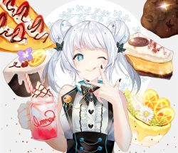 Rule 34 | + +, 1girl, ;q, bad id, bad pixiv id, bare arms, bare shoulders, bell, black bow, black nails, blue eyes, blush, bow, center frills, closed mouth, commentary request, cream, cream on face, diagonal stripes, double bun, drinking straw, flower, food, food on face, food request, frills, fruit, grey background, hair bun, hands up, heart, highres, holding, jingle bell, nail polish, one eye closed, original, shirt, silver hair, sleeveless, sleeveless shirt, smile, solo, strawberry, striped, tongue, tongue out, two-tone background, two side up, vest, white background, white flower, white shirt, white vest, yuhi (hssh 6)