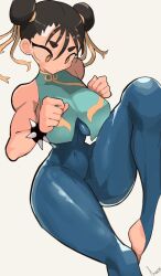 Rule 34 | 1girl, akisas99, bare shoulders, black hair, blue unitard, blue vest, bracelet, breasts, capcom, chun-li, covered navel, crop top, double bun, hair bun, hair ribbon, jewelry, large breasts, muscular, muscular female, official alternate costume, official alternate hairstyle, orange eyes, ribbon, sideboob, simple background, sitting, skin tight, spiked bracelet, spikes, stirrup legwear, street fighter, street fighter zero (series), thick eyebrows, thick thighs, thighs, toeless legwear, underboob, vest, white background