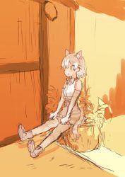 Rule 34 | 10s, animal ears, bare shoulders, bow, cat (kemono friends), cat ears, cat tail, collar, gloves, hands on lap, kemono friends, multicolored hair, paw print, rumenia (ao2is), sitting, skirt, solo, tail, thighhighs