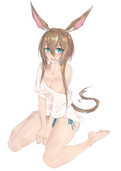 Rule 34 | 1girl, :d, amiya (arknights), animal ears, arknights, bad id, bad pixiv id, bare legs, barefoot, between legs, bikini, bikini under clothes, blue bikini, blue eyes, blue ribbon, blush, breasts, brown hair, cleavage, collarbone, commentary request, full body, hair between eyes, hand between legs, highres, large breasts, long hair, looking at viewer, no bra, off-shoulder shirt, off shoulder, open mouth, ponytail, rabbit ears, ribbon, shirt, short sleeves, side-tie bikini bottom, sidelocks, simple background, sitting, smile, solo, swimsuit, very long hair, wariza, white background, white shirt, yamauchi (conan-comy)