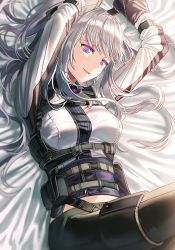 Rule 34 | 1girl, ak-12 (girls&#039; frontline), ammunition pouch, arms up, artificial eyes, bed sheet, black pants, breasts, commentary request, girls&#039; frontline, large breasts, long hair, long sleeves, lying, midriff, multiple straps, on back, open mouth, pants, pouch, purple eyes, sidelocks, silence girl, silver hair, solo, strap, symbol-shaped pupils, tactical clothes