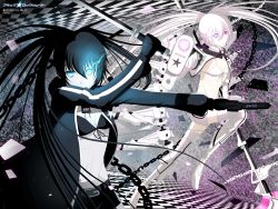 Rule 34 | 10s, 2012, 2girls, absurdres, artist name, belt, black bra, black hair, black rock shooter, black rock shooter (character), black rock shooter (game), black skirt, blue eyes, bra, breasts, cleavage, copyright name, flaming eye, gun, highres, holding, holding gun, holding sword, holding weapon, katana, long hair, looking at viewer, multiple girls, pink eyes, riki-to, scar, shorts, skirt, small breasts, sword, thighhighs, twintails, underwear, weapon, white bra, white hair, white legwear, white rock shooter, white shorts