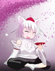 Rule 34 | 1girl, ^ ^, alcohol, animal ears, bare shoulders, cherry blossoms, detached sleeves, closed eyes, freenos (frox), full body, hat, highres, indian style, inubashiri momiji, sake, sitting, smile, socks, solo, tokin hat, touhou, wide sleeves, wolf ears