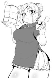 Rule 34 | 1girl, baozi, belly, blush, breasts, cake, china dress, chinese clothes, commentary request, double bun, dress, eating, fat, food, food on face, glutton, greyscale, hair between eyes, highres, idolmaster, idolmaster cinderella girls, large breasts, looking at viewer, monochrome, navel, oniku (oniku029029mm), plump, sketch, smile, solo, thick eyebrows, thick thighs, thighs, yao fueifuei
