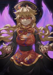 Rule 34 | 1girl, aura, black dress, blonde hair, breasts, closed mouth, commentary, dress, eyelashes, fox tail, gold trim, highres, junko (touhou), kikeiju, large breasts, long hair, long sleeves, looking at viewer, multiple tails, orange eyes, phoenix crown, pom pom (clothes), red eyes, solo, symbol-only commentary, tabard, tail, tassel, touhou, twitter username, very long hair, wide sleeves