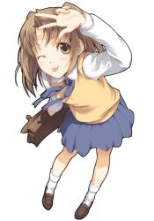 Rule 34 | 00s, 1girl, :p, bag, blue skirt, brown eyes, brown hair, foreshortening, full body, loafers, long hair, looking at viewer, luna (reclaimed land), one eye closed, pleated skirt, school bag, school uniform, shirt, shoes, simple background, skirt, socks, solo, standing, tongue, tongue out, tsukihime, twintails, two side up, v, vest, wink, yumizuka satsuki